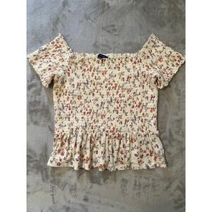 American Eagle Blouse Sz M Floral Smocked Off Shoulder Peplum Cropped Coquette